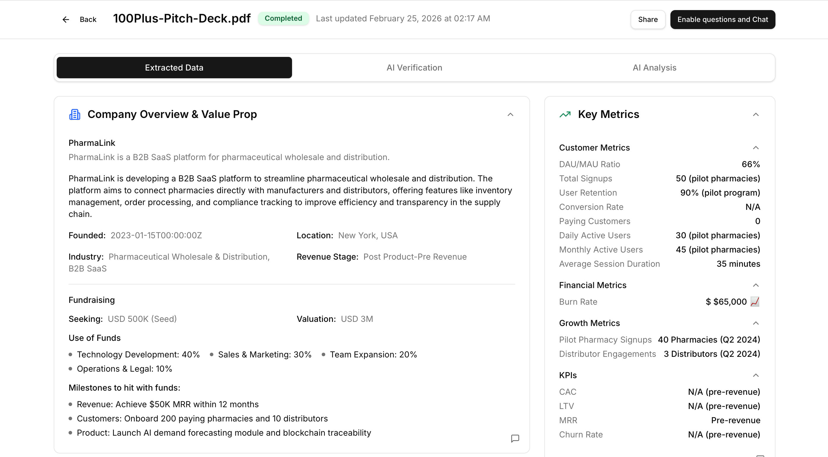 DeckVue dashboard showing extracted pitch deck data and key metrics